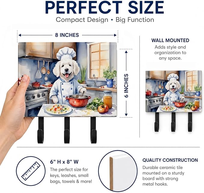 Caroline's Treasures Kuvasz The Chef Leash or Key Holder Wall Hooks, Key Hooks Holder, Coat Rack Wall Mount, Coat Hooks, Hooks for Hanging Keys, Towels, Aprons, Leashes | Kuvasz The Chef artwork on ceramic tile with three steel hooks for keys, leashes,...