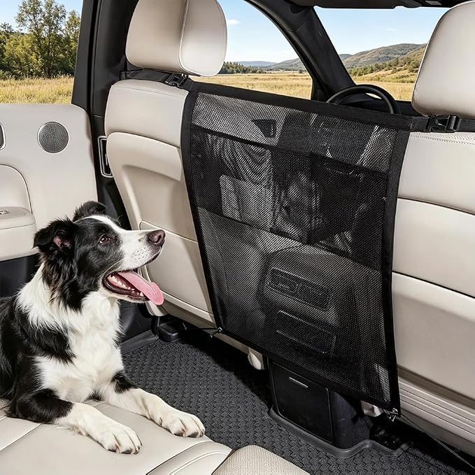 Dog Car Net Barrier, Dog Net for Car with Mesh Organizer | Universal Dog Car Barrier Fits Car/SUV/Truck/Van; Scratch-Resistant Mesh with Storage Pocket, Keeps Pets Safe in backseat