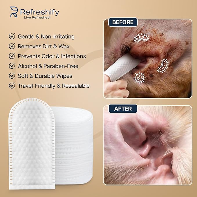 REFRESHIFY Dog Ear Wipes - 100 Value Pack - Mint Ear Wipes for Dogs, Vet Formulated Pet Ear Wipes for Dogs & Cats – Effective Dog Ear Cleaner for Itch Relief, Wax & Odor