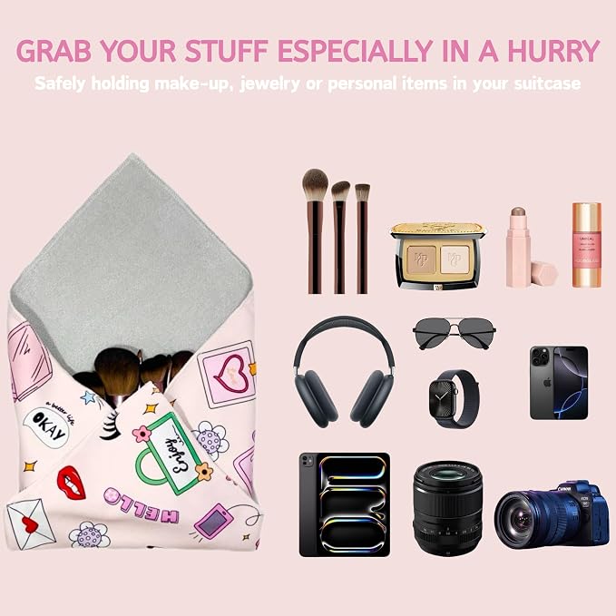 Self-Adhesive Magic Cloth Makeup Bag & Multi-Use Organizer|17.7"x17.7" Portable Travel Cosmetic Bag, Camera Lens Protector, Laptop Sleeve|Beauty Cuties Design Reusable Washable Storage Wrap