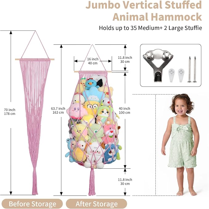 Stuffed Animal Storage Hammock Corner,70'' Macrame Plushie Net,Pink | Wall Ceiling Over Door Hanging Stuffed Animals Hammock, Boho Macrame Stuffy Storage Holder, Nursery Playroom Kid Room Decor
