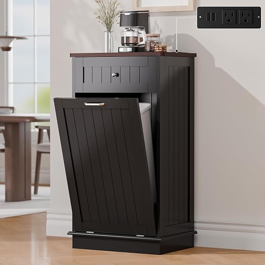 Betterhood Single Tilt Out Trash Cabinet with Power Outlet, Wooden Hidden Garbage Can Holder with a Big Storage Drawers for Kitchen, Living Room, Laundry, Black