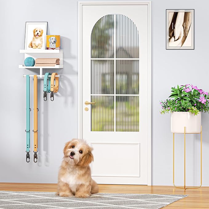 Dog Leash Holder for Wall, Leashes Hanger, Wall Mounted Dog Stuff Storage and Organizer, Metal Key Holder Pet Leash Hooks for Leashes, Training Treats, Chew Toys, Keys, Large (White)