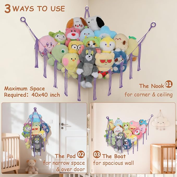 Stuffed Animal Hammock Corner,55 Inch Large No Drilling Plushie Net,Purple | Handcrafted Natural 100% Cotton Stuffy Hammock,Boho Macrame Toy Net,Stuffed Animals Storage Plush Holder ,Nursery Room Decor