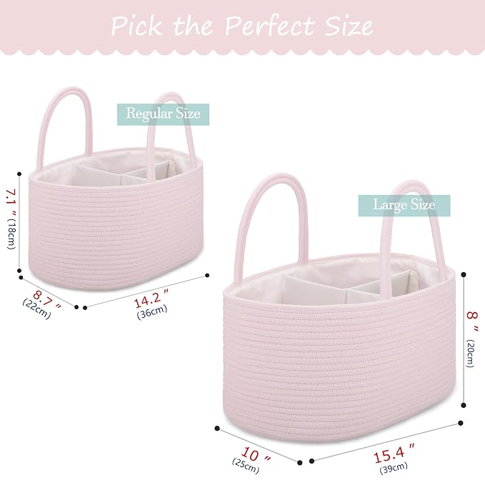 COMSE Large Cotton Rope Baby Diaper Caddy Organizer for Girls, Light pink