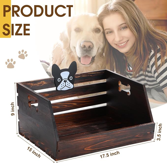 Briwooody Dog Toy Bin, 17.5 Inch Large Wooden Puppy Toy Storage Basket with Handle and Dog Head Tags Durable Pet Doll Box Puppy Stuff Organization Chest for Leash, Food, Accessories