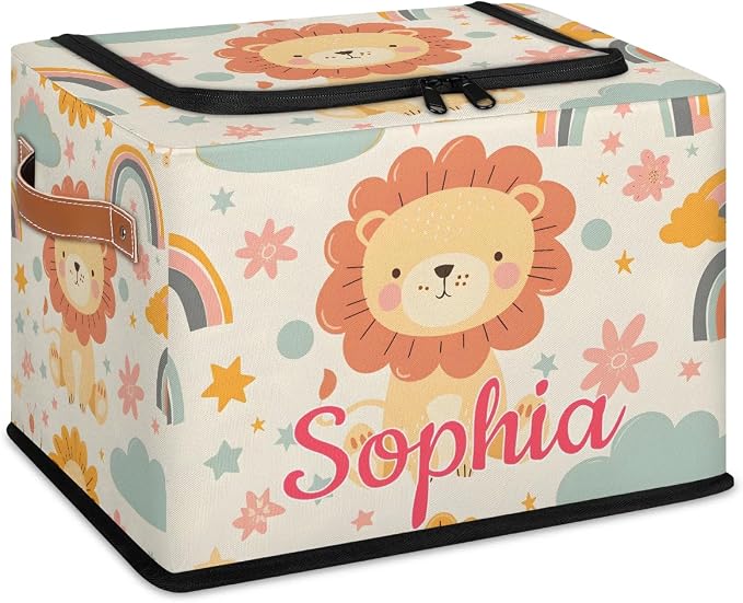 Custom Cute Lion Storage-Bin With Zipper Lid for Kids-Girls-Boys-Baby-Pet,Personalized Name Foldable Storage Box with Handle,Baby Basket With Label for Bedroom Nursery Toy Clothes,Beige