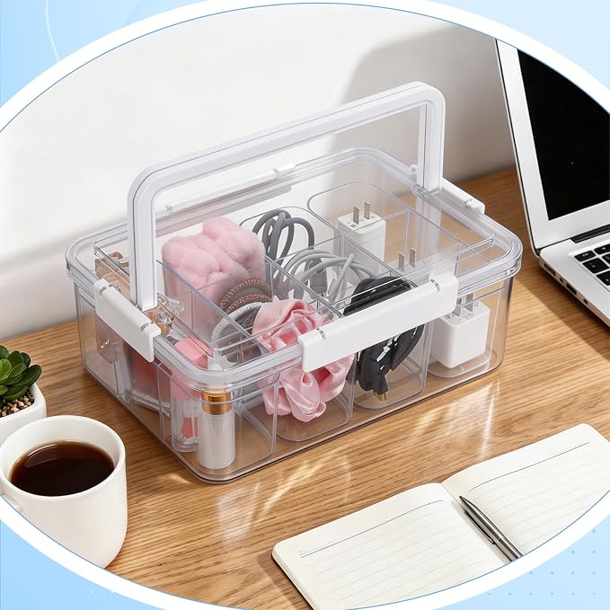 Large Cable Storage Box with Lid Clear Power Cords Organizer 4 Adjustable Dividers Case Desktop Cable Management Box for Home Office Phone Charger Art Crafts Stationery (White)