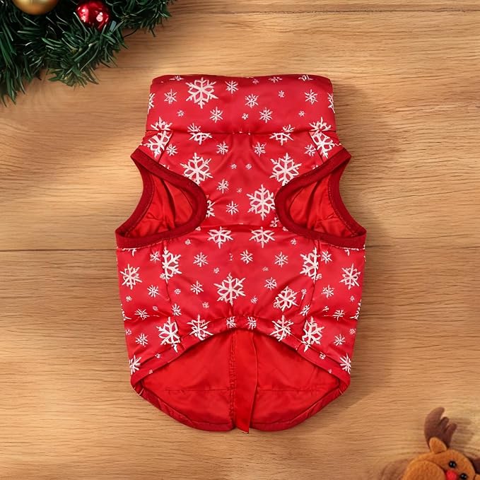 Idepet Pet Dog Cat Coat with Leash Anchor Color Patchwork Padded Puppy Vest Jacket Teddy Chihuahua Costumes Pug Cloth XS S M L(Small,Red-Snowflake)