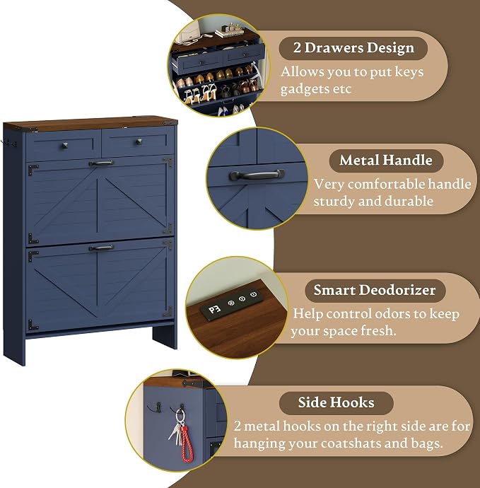 BORNOON Shoe Cabinet with Odor Control Deodorizer and Back Panel, Farmhouse Narrow Shoe Storage Cabinet Rack for Entryway with 2 Flip Drawers and 2 Top Drawers, Adjustable Shelves, Side Hooks