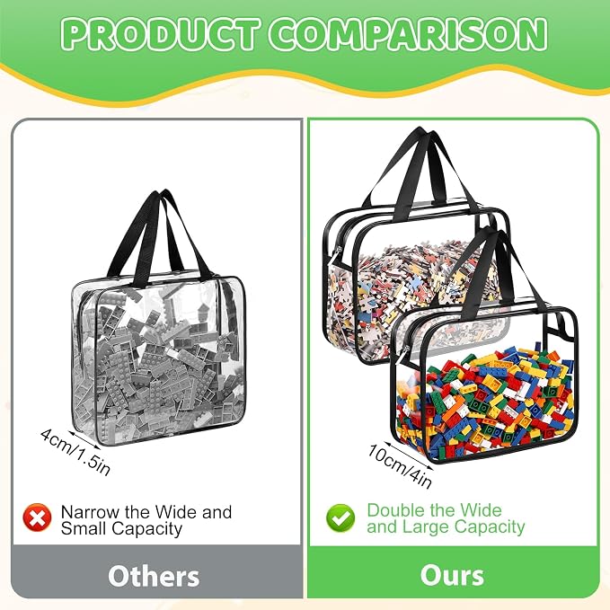Toy Storage Bags 4 Pack, Clear PVC Toy Organizers, Black | Waterproof PVC, Large 30 x 10 x 22 CM Size, Label-Ready, For Toys, Books, Puzzles, Classroom and Travel