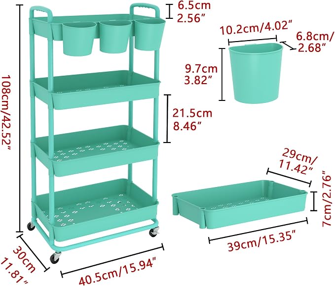 4-Tier Plastic Rolling Storage Cart Utility Cart with Extra Hanging Cups Handles Lockable Wheels for Living Room Bathroom Kitchen Office Green | Utility Cart with Extra Hanging Cups Arc-Shaped Handles Lockable Wheels for Living Room Bathroom Kitchen Of...