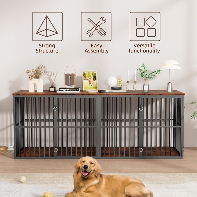 VOWNER 86.7" Double Dog Crate Furniture for 2 Large Dogs, Rustic Brown | Heavy Duty Wooden Dog Kennel with Removable Divider, XXL Dog Cage TV Stand End Table with 4 Doors, Double Locks for Each Door