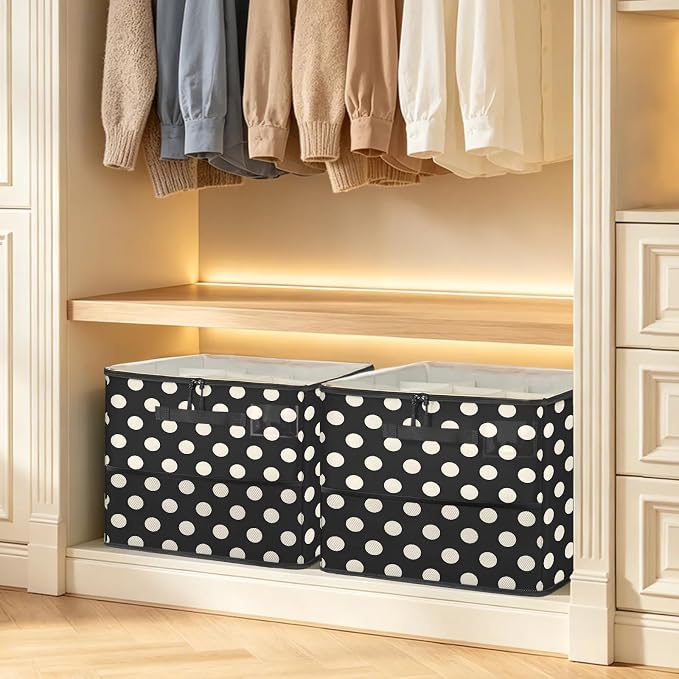 TropicalLife Black White Polka dot Shoe Organizer for Closet | Foldable Shoe Storage Box Bin 16-32 Pair Shoe Storage for Sneakers, Boots & Heels with Adjustable Dividers, Clear Cover