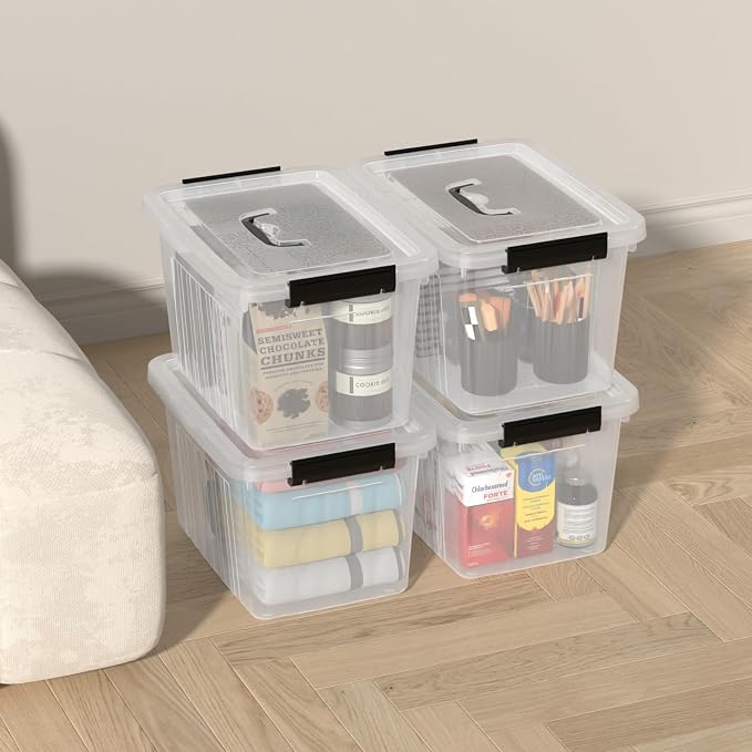 12L Clear Plastic Storage Bin with Handle, 4 Pack | Lidded Stackable Storage Boxes, BPA-Free, See-Through Organizer Totes for Closet, Pantry, Office