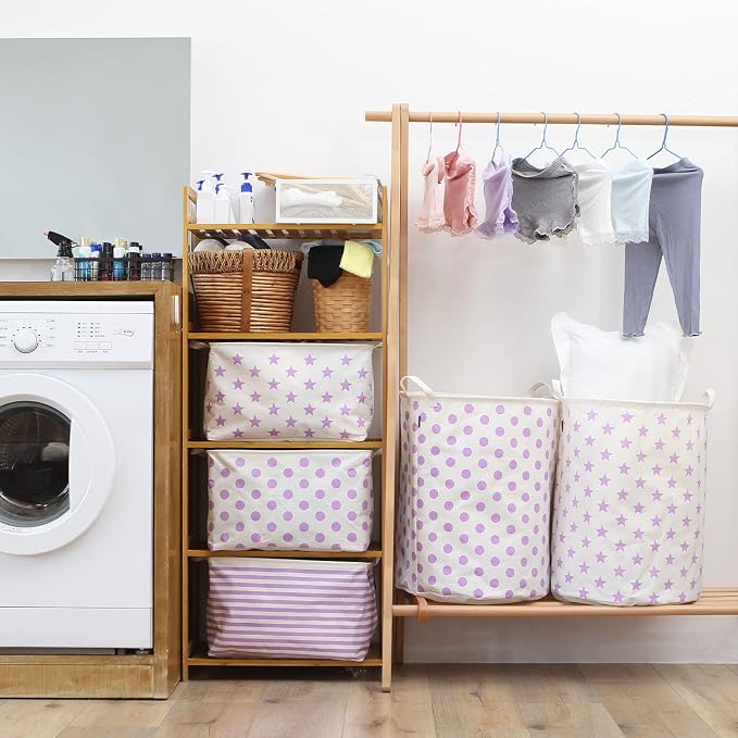 Sea Team Large Canvas Laundry Basket with Handles, Purple Dots | Collapsible Fabric Laundry Hamper, Closet Shelf Organizers, Containers for Clothing, Blankets, Toys, Bedding, 19.7 x 15.7”