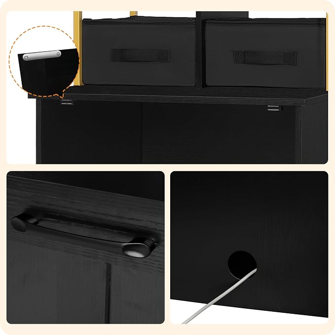 Dwanton Cat Litter Box Enclosure, 2 Storage Shelves and 2 Drawers, 50" H | 2-in-1 Hidden Cat Litter Box Enclosure Furniture with Shelf, Metal Frame, Reversible Entrance, Washable Drawers, Black+Gold