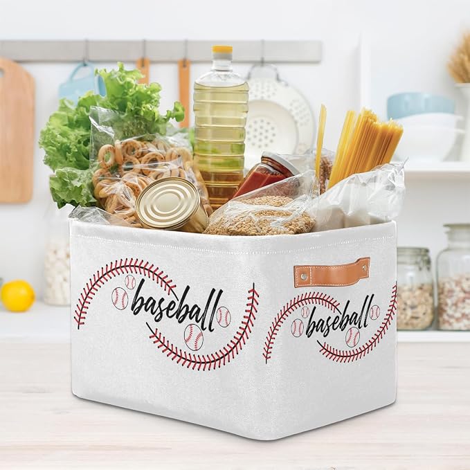 AUUXVA Storage Basket Baseball Stitches Storage Cube Box Sport Baseball Basket Softball Canvas Collapsible Toy Storage Bin Shelf Kids Gift Basket with Handles, 1Pc