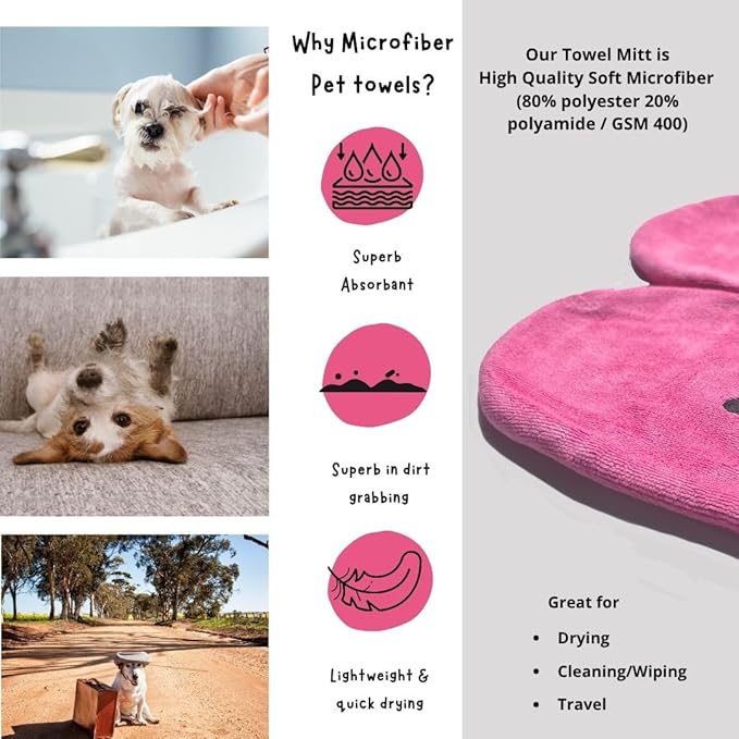 Penny & Niko Microfiber Pet Towel Mitts - Paw Cleaning and Drying Mitts/Gloves for Dogs and Cats (Pink, Standard - 2 Pack)