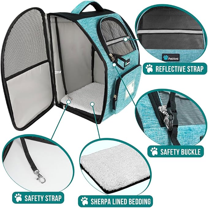 PetAmi Dog Backpack Carrier Airline Approved Cat Pet Puppy Bag, Turquoise | Ideal for Small Medium Large Pet up to 18 lb, 2 Side Entry Structured No-Collapse Frame, Ventilated Bookbag for Hiking Travel