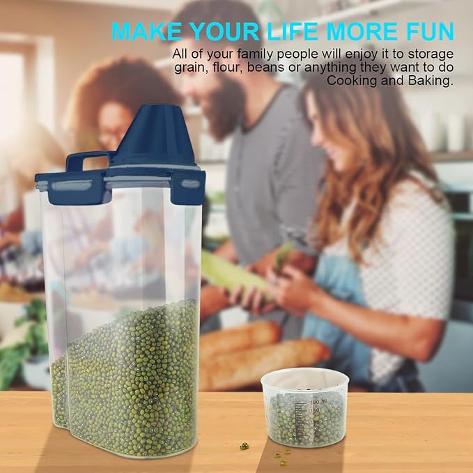 Uppetly Rice Airtight Dry Food Storage Containers, BPA Free Plastic Storage Bin Dispenser with Pourable Spout, Measuring cup for Cereal, Flour and Baking Supplies Blue