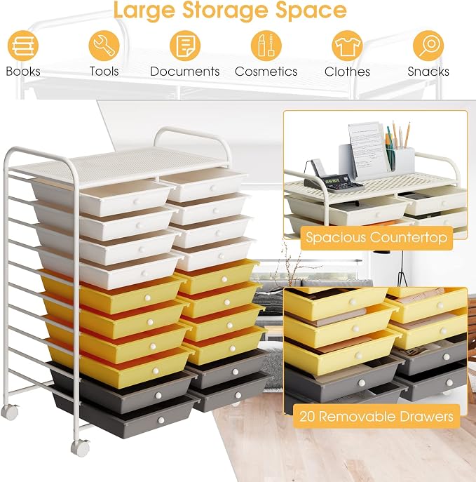 20 Drawer Rolling Storage Cart, Art Cart Organizer with Wheels for Makeup, Tool, Paper, Multipurpose Craft Storage Cart with Drawers for Office, Home, Classroom, Teacher, School (Yellow)