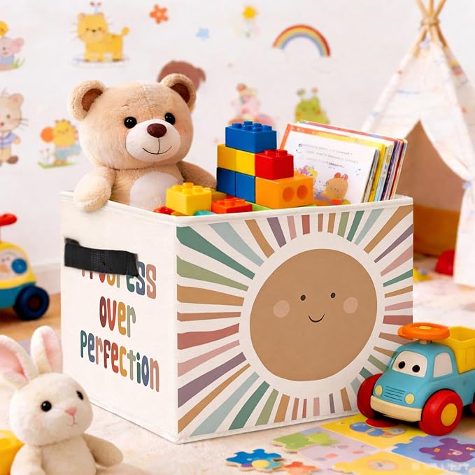 Progress Storage Bin, Foldable Fabric Basket for Kids Room Nursery | Foldable fabric storage bin with rainbow progress quote design for toys, books, clothes, nursery, bedroom, and playroom use.