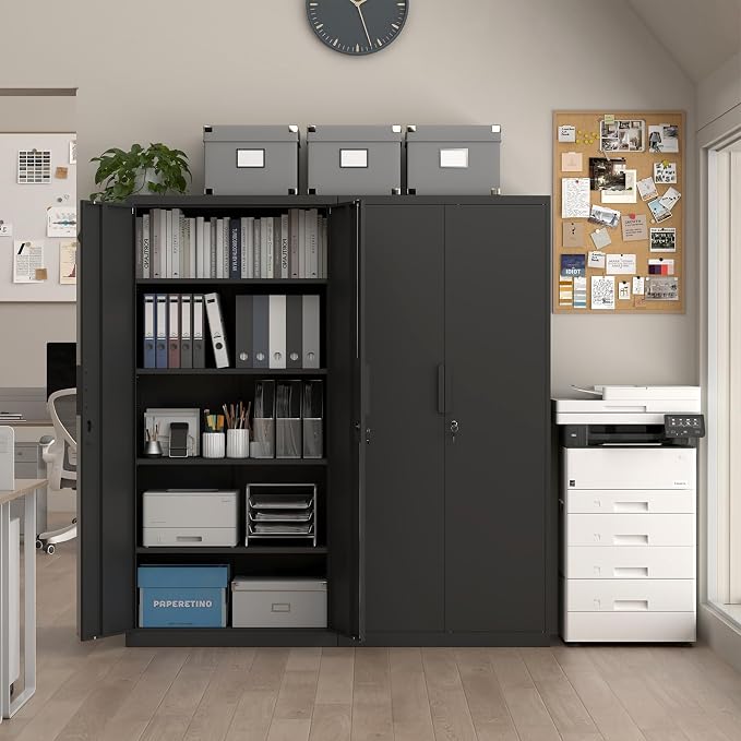 Metal Storage Cabinet with Doors and 4 Shelves, 72x34x18 Garage Storage Cabinets,Tall Black Locking Metal Cabinets with Lock for File, Office, Garage, Home