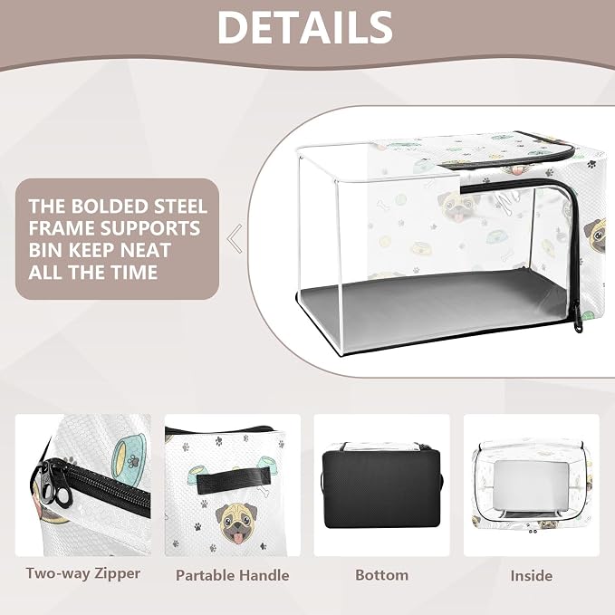 Pet Dog White pattern Under Bed Storage Containers with Double Zipper Openings, Foldable Clothes Storage Bins with Clear Window and Handles for Comforters Bedding Blankets