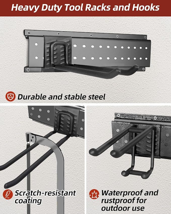 Garage Tool Organizer Wall Mount, 64in Tool Rack, 560LBS Capacity | Thick Steel, 12 Hooks in 4 Types, Rustproof Waterproof, Soft Anti-Scratch Hooks, With Storage Straps, For Garden Tool Storage
