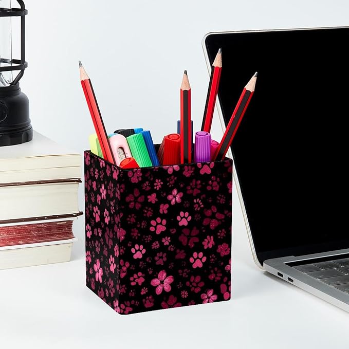 Pet Paws Pen Holder for Desk Decor, Rectangular PVC Leather Pencil Cup for Desk Pen Organizer, Makeup Brush Holder for School, Home, Office
