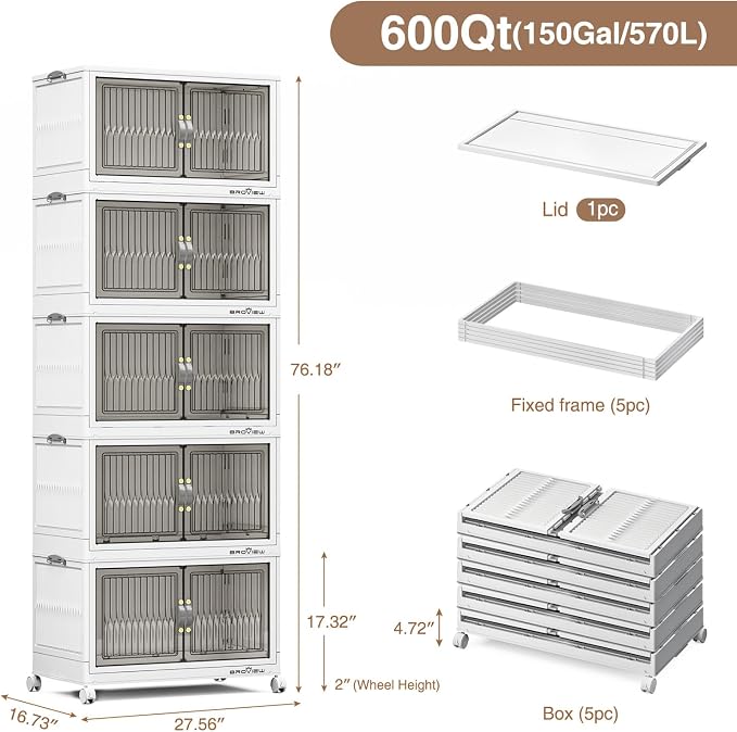 BROVIEW 600Qt Stackable Storage Bins with Lid for Home Dorm, 5Pack White | Closet Organizers, Foldable & Collapsible Cabinets, Large Containers, Wheels & Magnetic Doors, Plastic Drawers for School