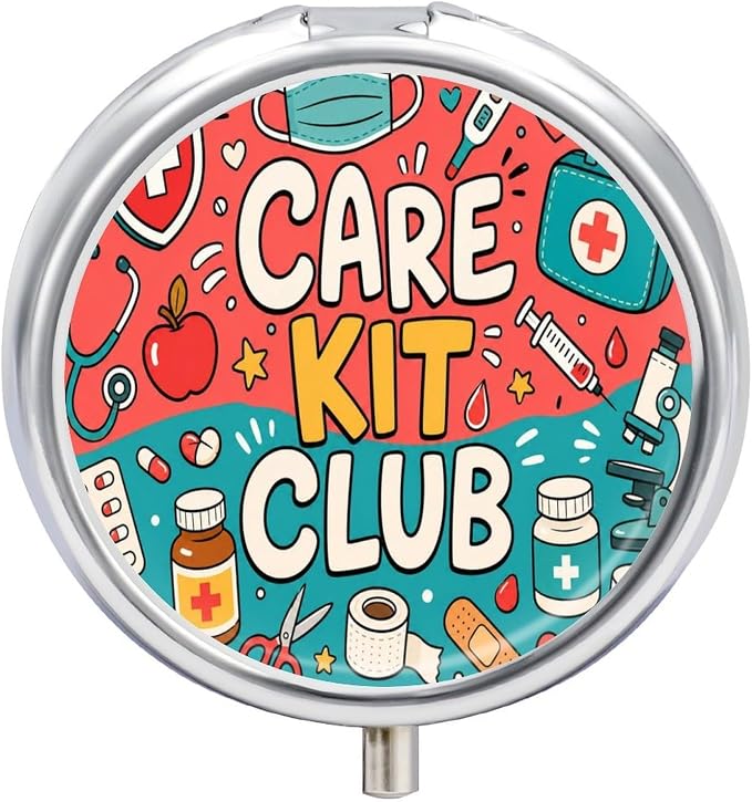 Care Kit Club Doodle Collage Round Pill Box with 3 Compartments, Portable Travel Pill Organizer with Spring Snap Closure for Vitamins Supplements Fish Oil