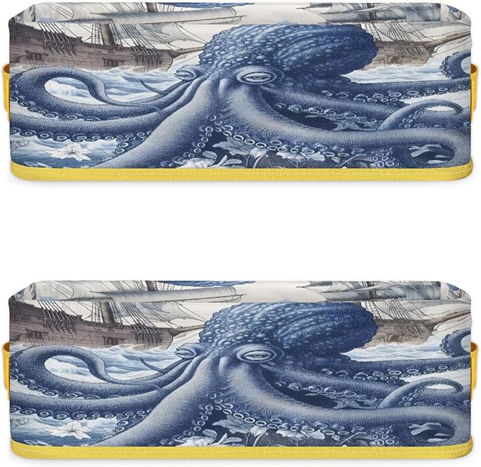 Stylish Octopus Bathroom Storage Basket Waterproof Foldable Storage Bins with Handles Decorative Toilet Paper Storage Basket for Organizing for House Bathroom Toiletries Set of 2