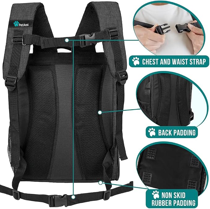 PetAmi Dog Backpack Carrier Airline Approved Cat Pet Puppy Bag, Charcoal | Ideal for Small Medium Large Pet up to 18 lb, 2 Side Entry Structured No-Collapse Frame, Ventilated Bookbag for Hiking Travel