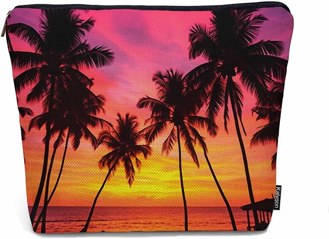 Tropical Beach Makeup Bags Makeup Organizer, Hawaii Ocean Beach Palm Trees Sunset Flax Toiletry Bags Travel Cosmetic Bag Makeup Purse Pouch Skincare Bag Wallet Bags For Women Female Mom