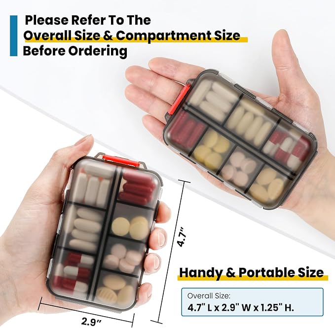 14 GRIDS Travel Pill Organizer Box with Labels - Travel Medicine Case Kit - Pocket Daily Pharmacy Container - Travel Medication Holder Dispenser for Fish Oil Vitamin Supplement Storage - Clear Gray