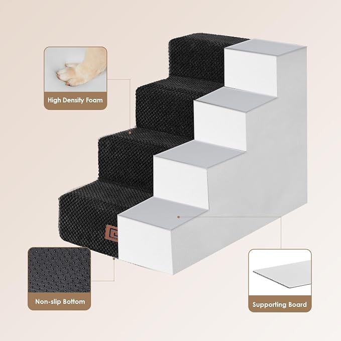 EHEYCIGA Dog Stairs for Bed 18" H, Dog 4-Steps for High Bed, Black | Pet Steps for Small Dogs and Cats, Non-Slip Balanced Pet Ramp Indoor