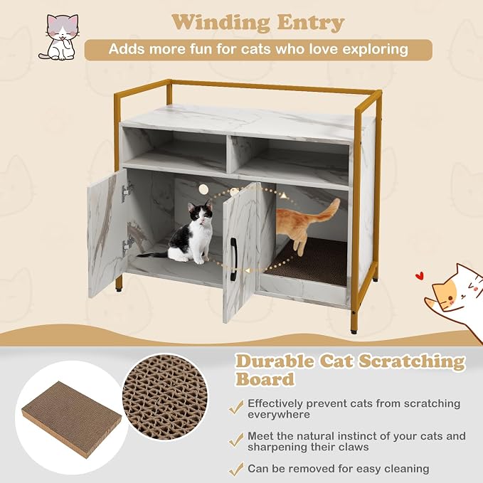 Giantex Cat Litter Box Enclosure - Cat Washroom Hidden Furniture with Front Entry, Scratcher, 2-Door Storage Cabinet, 2 Compartments, Air Vents, Metal Frame, Wooden Pet Crate House (Marble White)