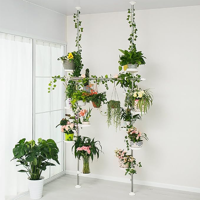 BAOYOUNI Spring Tension Pole Plant Stand, 12 Trays Metal Flower Rack，Ivory | Corner Floral Pot Storage Shelf Space Saver with Adjustable Height & 2 Hooks for Home Garden Decor