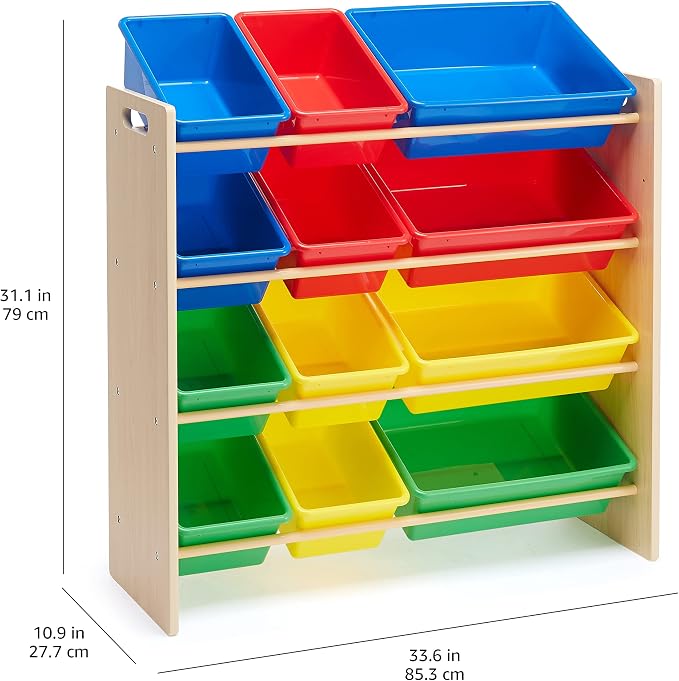 Amazon Basics Kids Toy Storage Organizer With 12 Plastic Bins, Natural Wood, Multicolor, for Bedroom and Playroom, 33.85"D x 12.79"W x 35.42"H