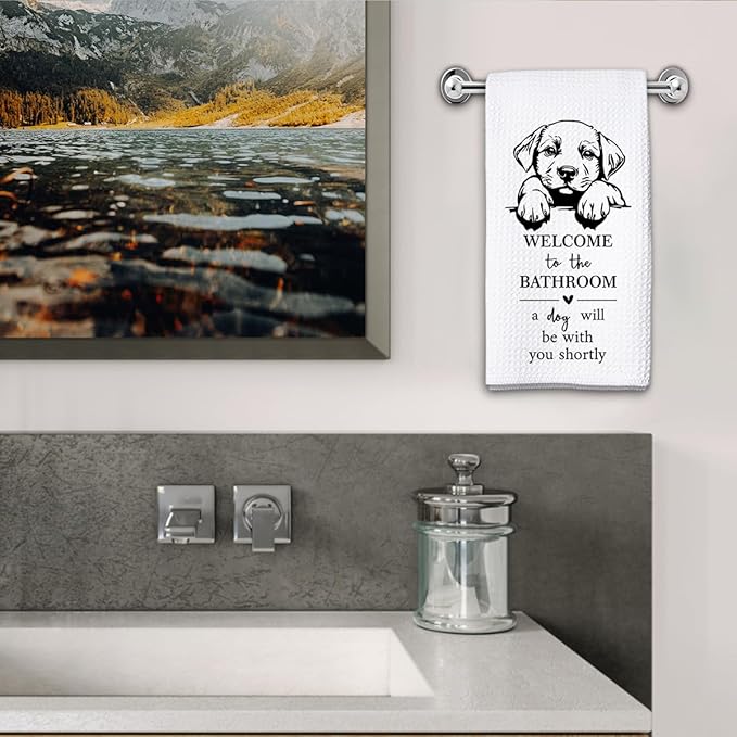 KIDEAR Funny Dog Bathroom Decor Welcome to The Bathroom Hand Towel,1 PCS Cute Dog Kitchen Towels for Toilet Wall Decorations,Cute Animal, Gifts for Women, Pet Owners Housewarming - A05