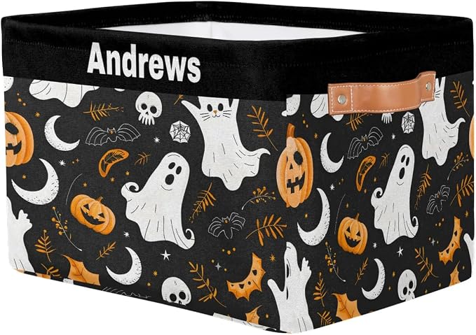 Custom Rectangular Baby Storage Basket, Kids Toys Bin, Books Shelf Basket, Clothes Towel Storage Bin for Nursery, Gift Basket, Pet Basket, Happy Halloween Ghost Pumpkins Bat Leaves