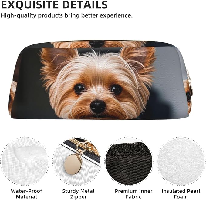 PU Leather Pencil Case Cosmetic Pencil Bags Makeup Pouch with Zipper | Cute Pet Yorkie Pen Pouch Portable Cosmetic Organizer Bag For Office Woman Man