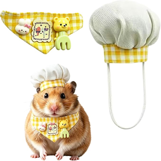 Small Pet Chef Costume Set, Hat & Bandana for Hamster Guinea Pig (Yellow) | Cute Plaid Outfit Includes Chef Hat & Decorative Bandana, Soft Cotton‑Resin Material, Great for Photo Prop & Party Dress‑Up