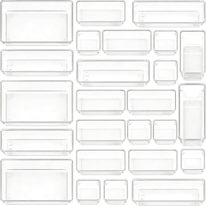 Clear Acrylic Drawer Organizer Trays, 5 Size Junk Box Organization Small Storage Container Bin for Desk Makeup Bathroom Vanity Kitchen Tool Make Up Workspace Home Dorm Apartment Office Room Nightstand