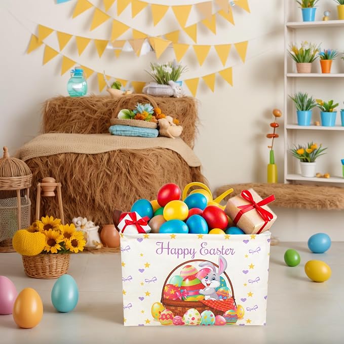 Easter Basket for Kid Large Empty Baby Rectangular Cute Easter Gift Storage Basket Bunny Eggs Décor (Rabbit Purple Bow Tie)