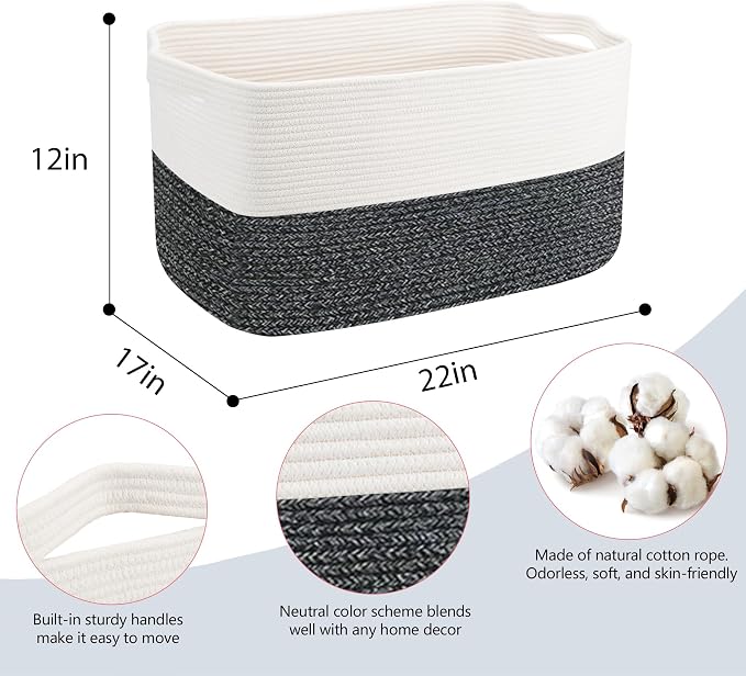 MEGASKET Extra Large Toy Box, 22" x 17" x 12" Rectangle Blanket Basket Living Room, Woven Cotton Rope Baskets for Storage, Soft Toy Storage Organizer Bin Chest, Kids Toy Box fo Living Room