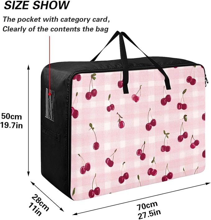 Comforter Storage Bags Large Folding Blanket Organizer Bag with Strong Handles Clear Window Closet Storage Containers for Clothes King Queen Pillows Bedding Quilt Duvet Pink Gingham Cherry
