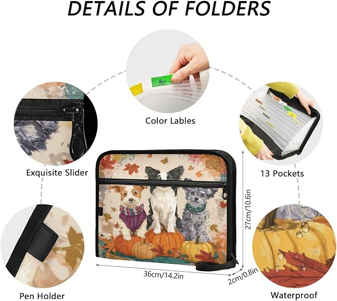 Autumn Pets and Pumpkins Expanding File Organizer with 13 Pockets Accordion File Folders with Labels,Portable Document Paper Bill Receipt Organizer,Home College School Office Supplies, Letter S